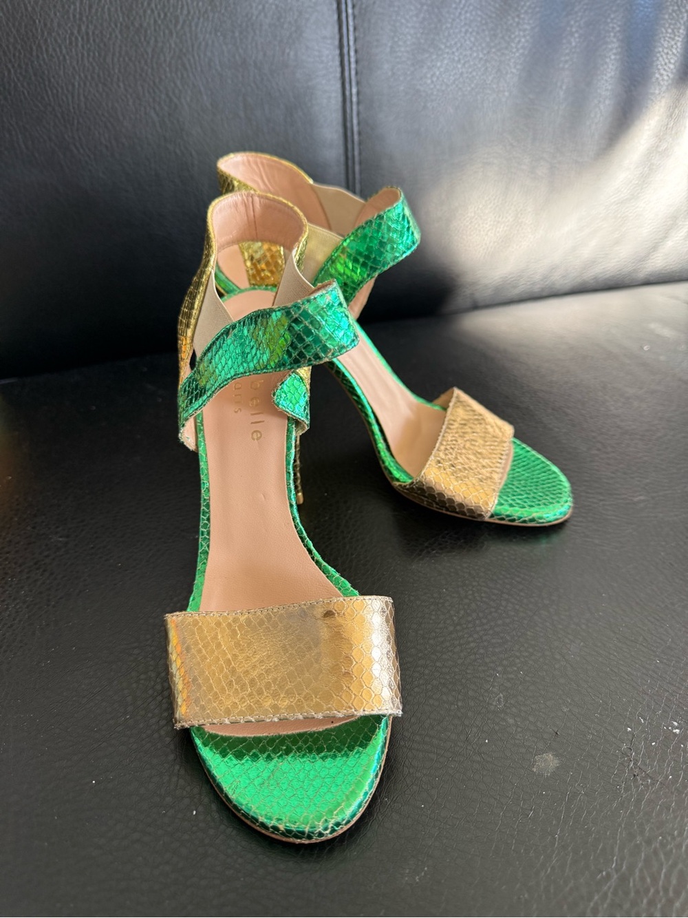 Green and Gold Snake-Embossed Ankle Strap Heels